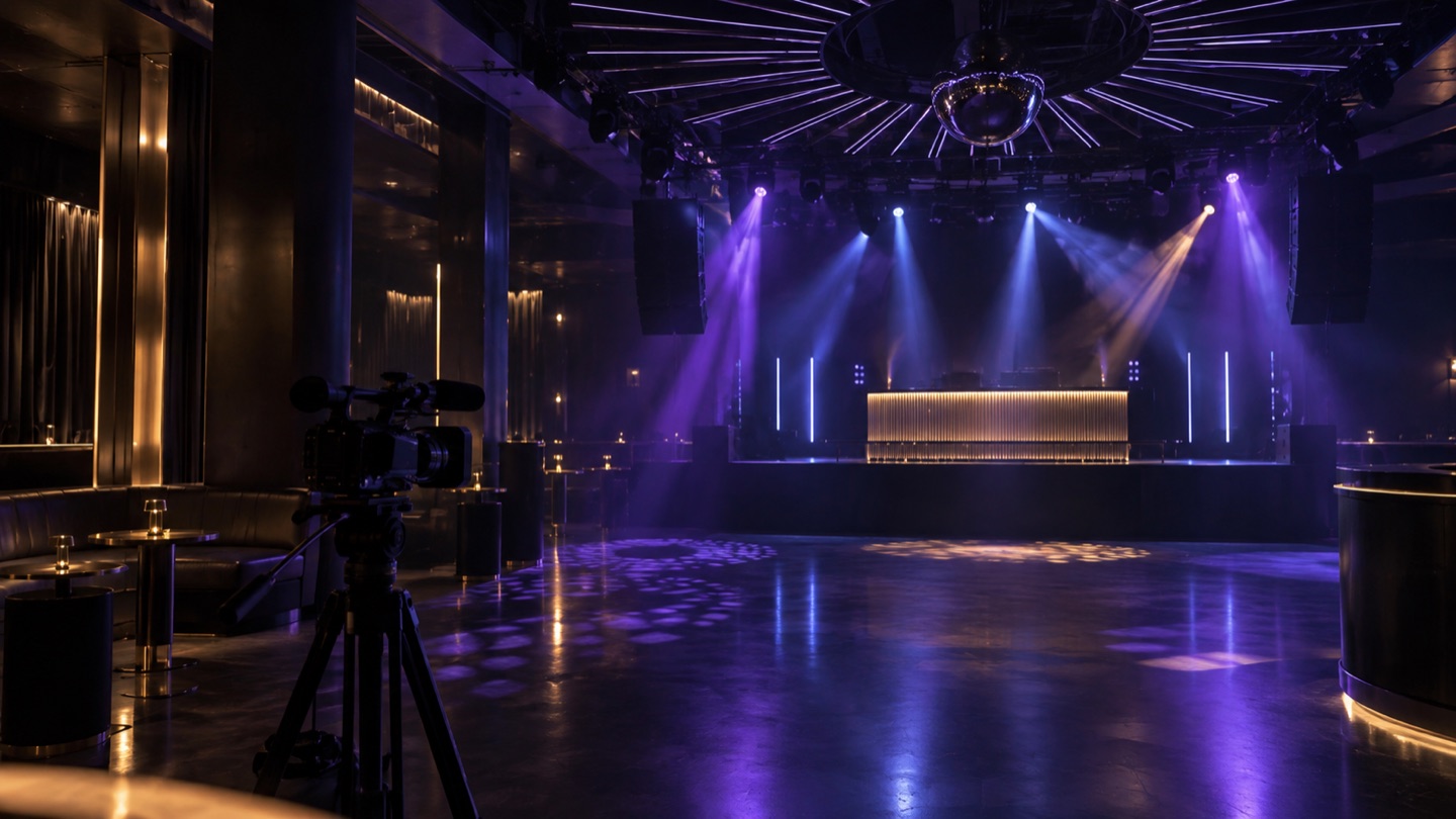 Leerer, stilvoll beleuchteter Club mit professioneller Videokamera vor einer Bühne.